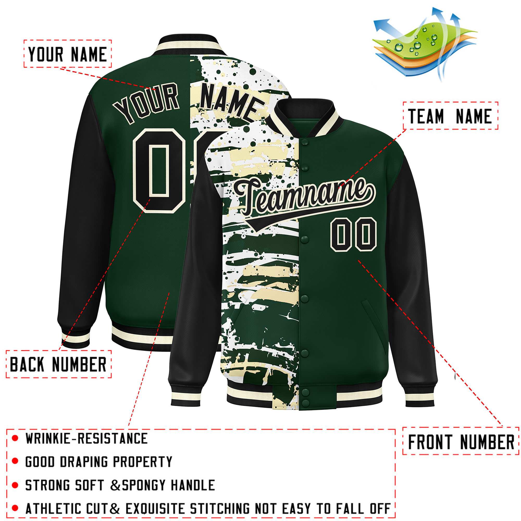 Custom Green Black Varsity Full-Snap Graffiti Pattern Letterman Baseball Jacket