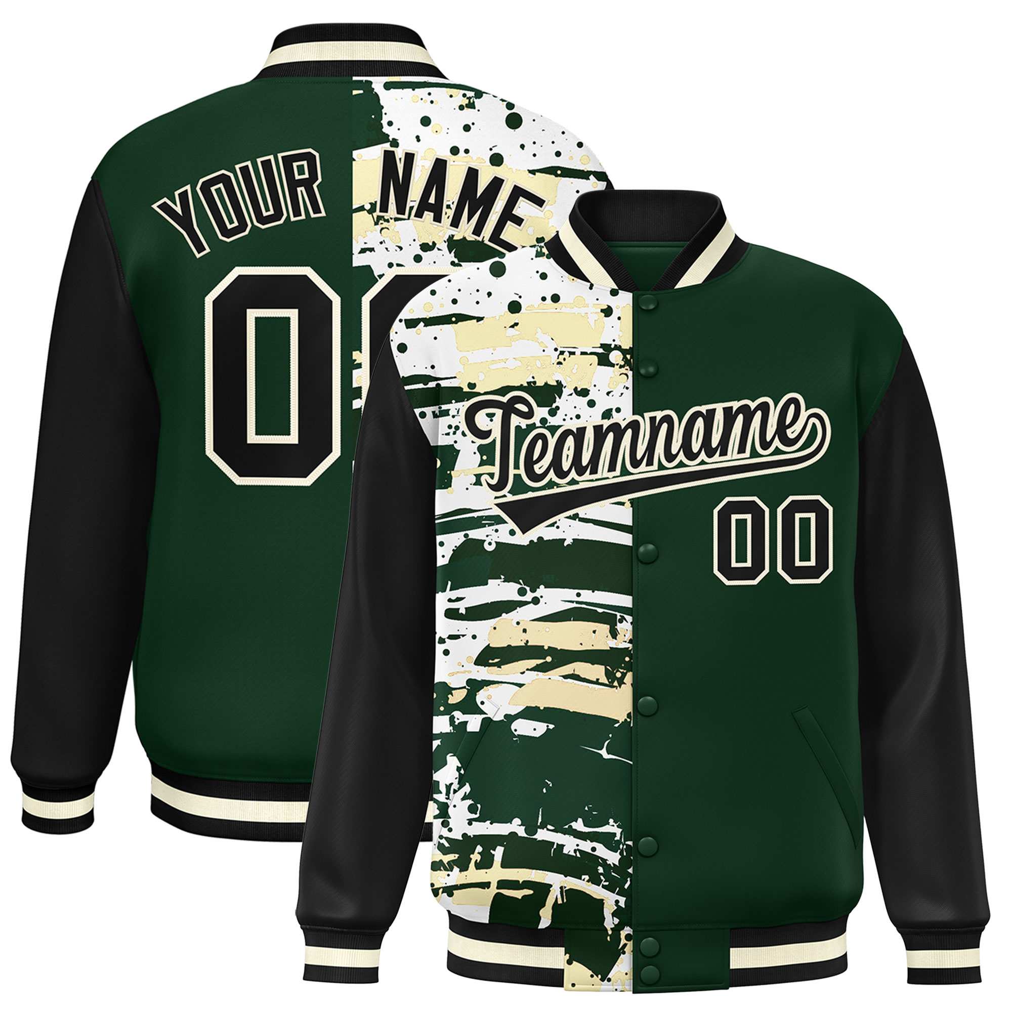 Custom Green Black Varsity Full-Snap Graffiti Pattern Letterman Baseball Jacket