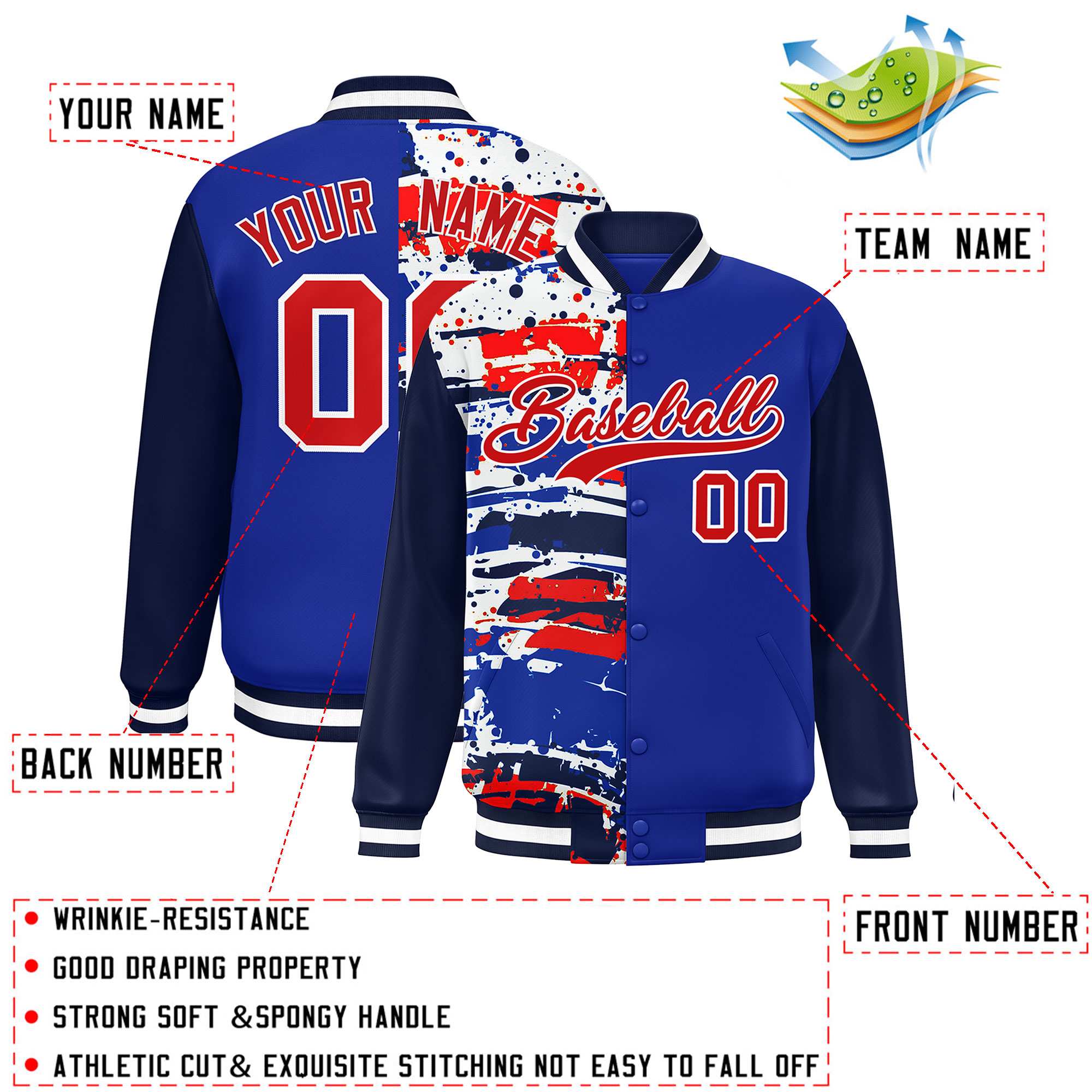 Custom Royal Navy Varsity Full-Snap Graffiti Pattern Letterman Baseball Jacket