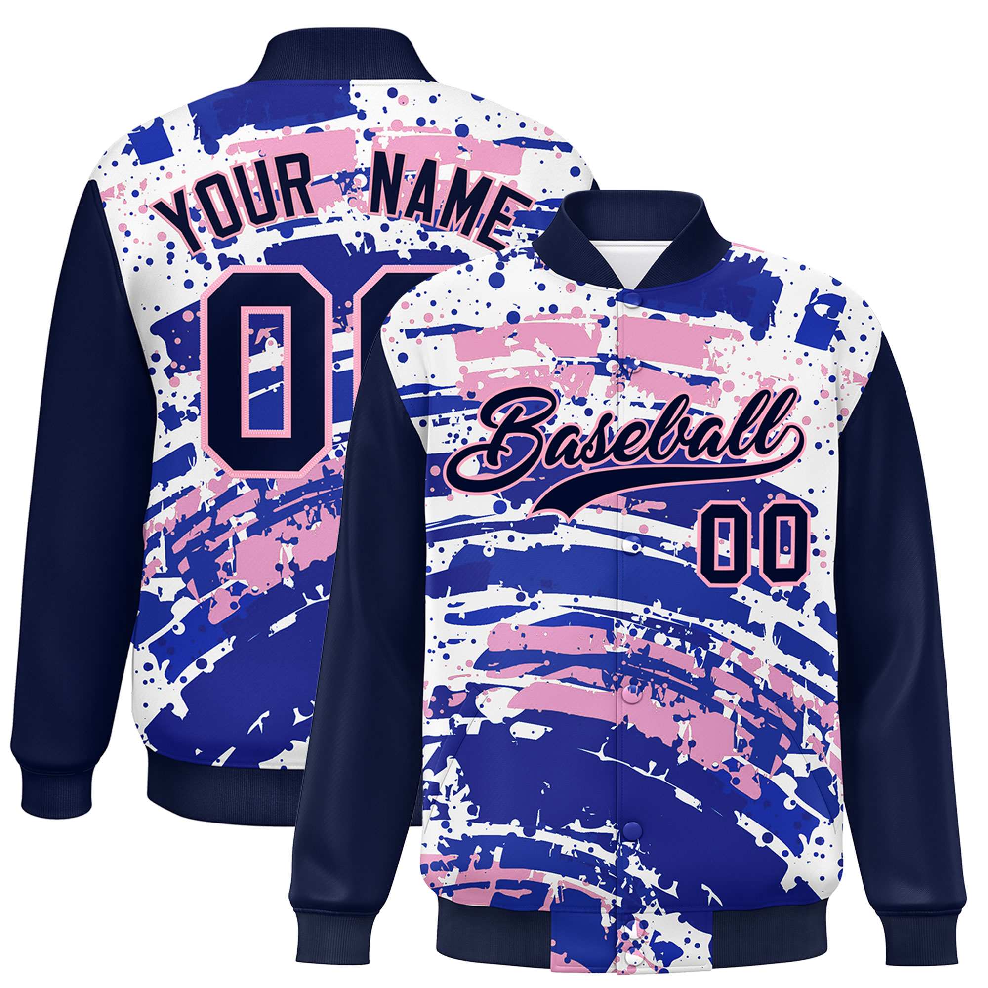 Custom Navy Varsity Full-Snap Graffiti Pattern Letterman Baseball Jacket