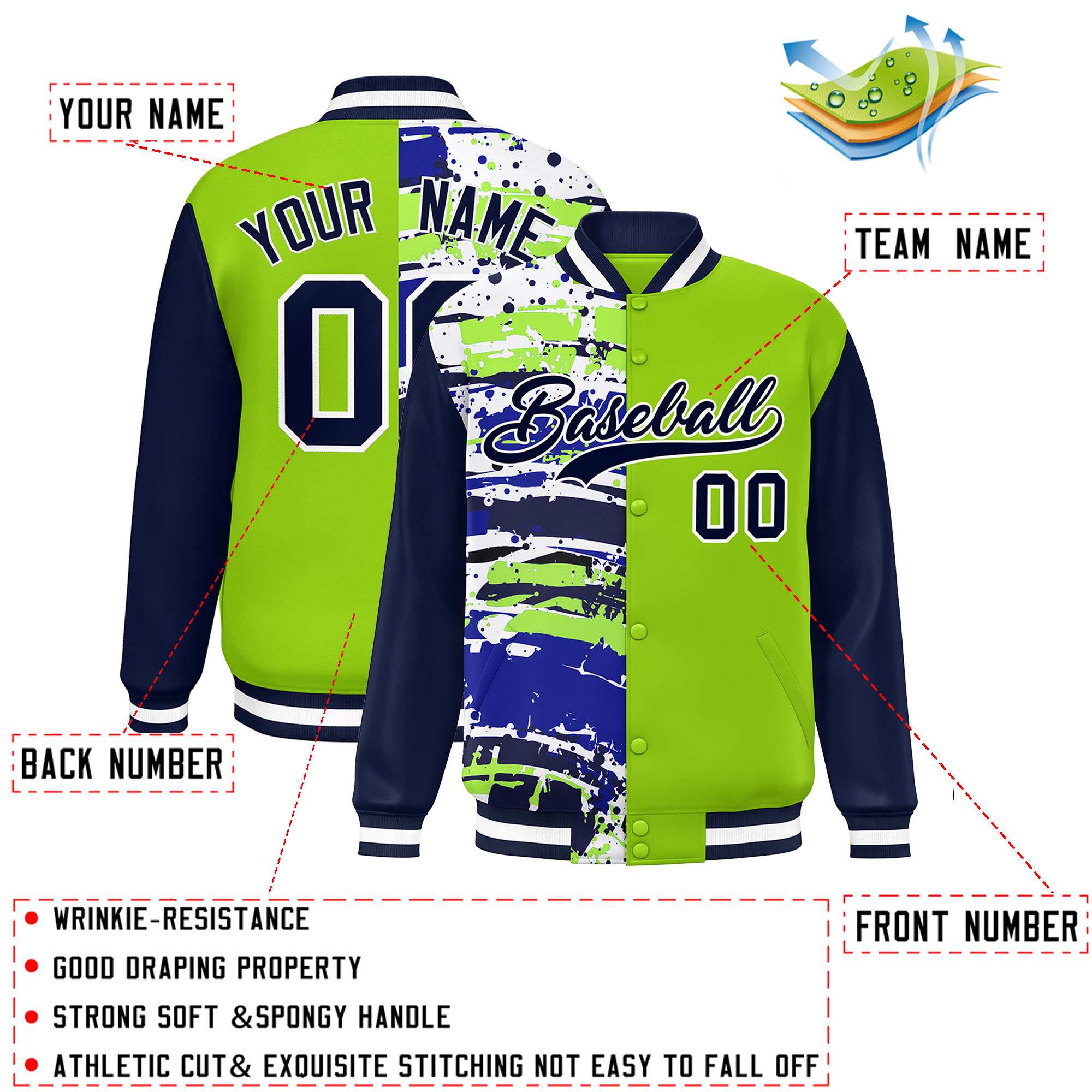 Custom Neon Green Navy Varsity Full-Snap Graffiti Pattern Letterman Baseball Jacket