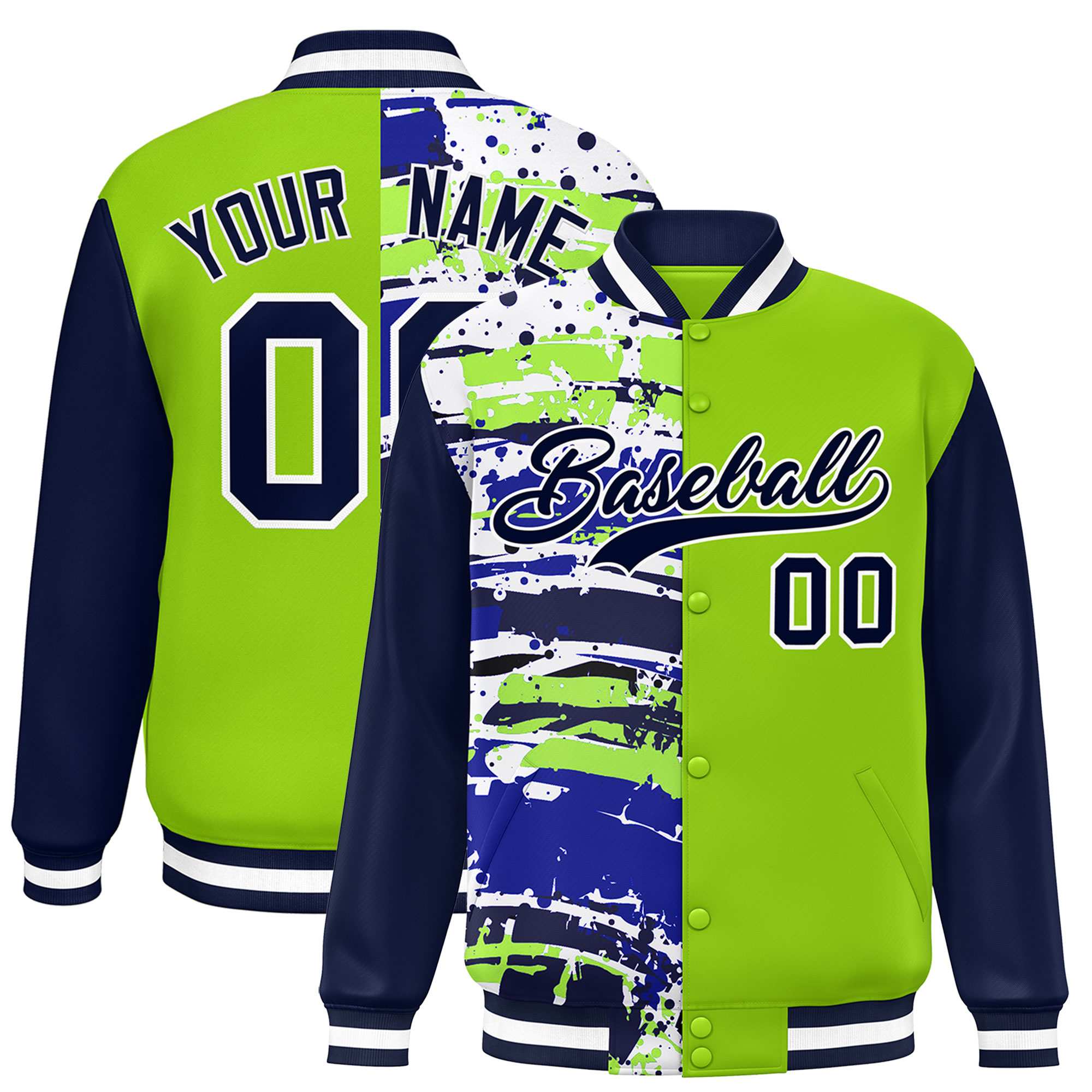 Custom Neon Green Navy Varsity Full-Snap Graffiti Pattern Letterman Baseball Jacket