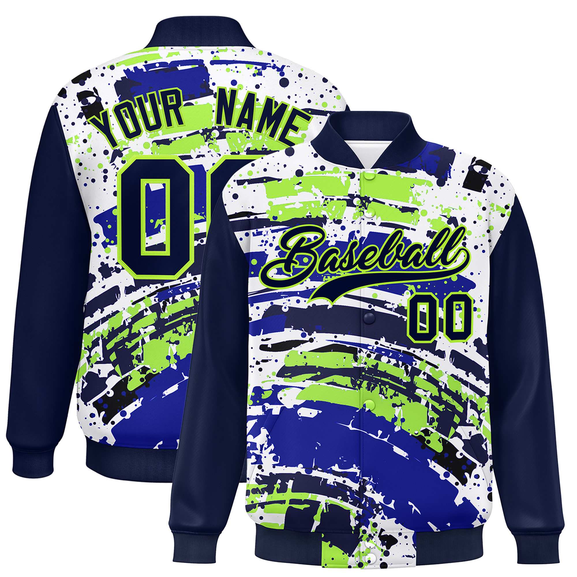 Custom Navy Varsity Full-Snap Graffiti Pattern Letterman Baseball Jacket