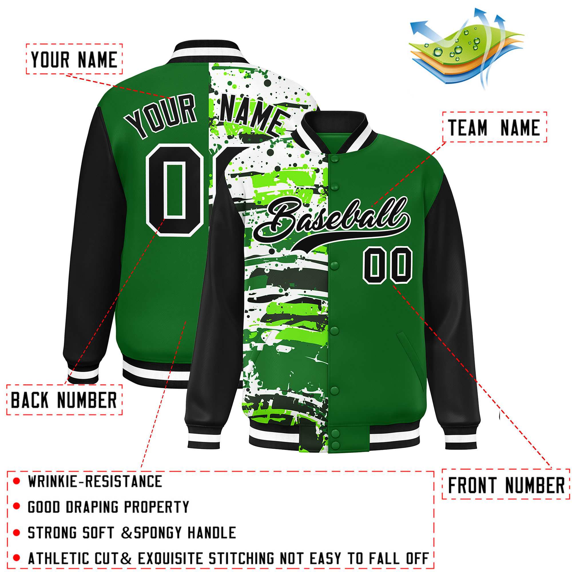 Custom Green Black Varsity Full-Snap Graffiti Pattern Letterman Baseball Jacket