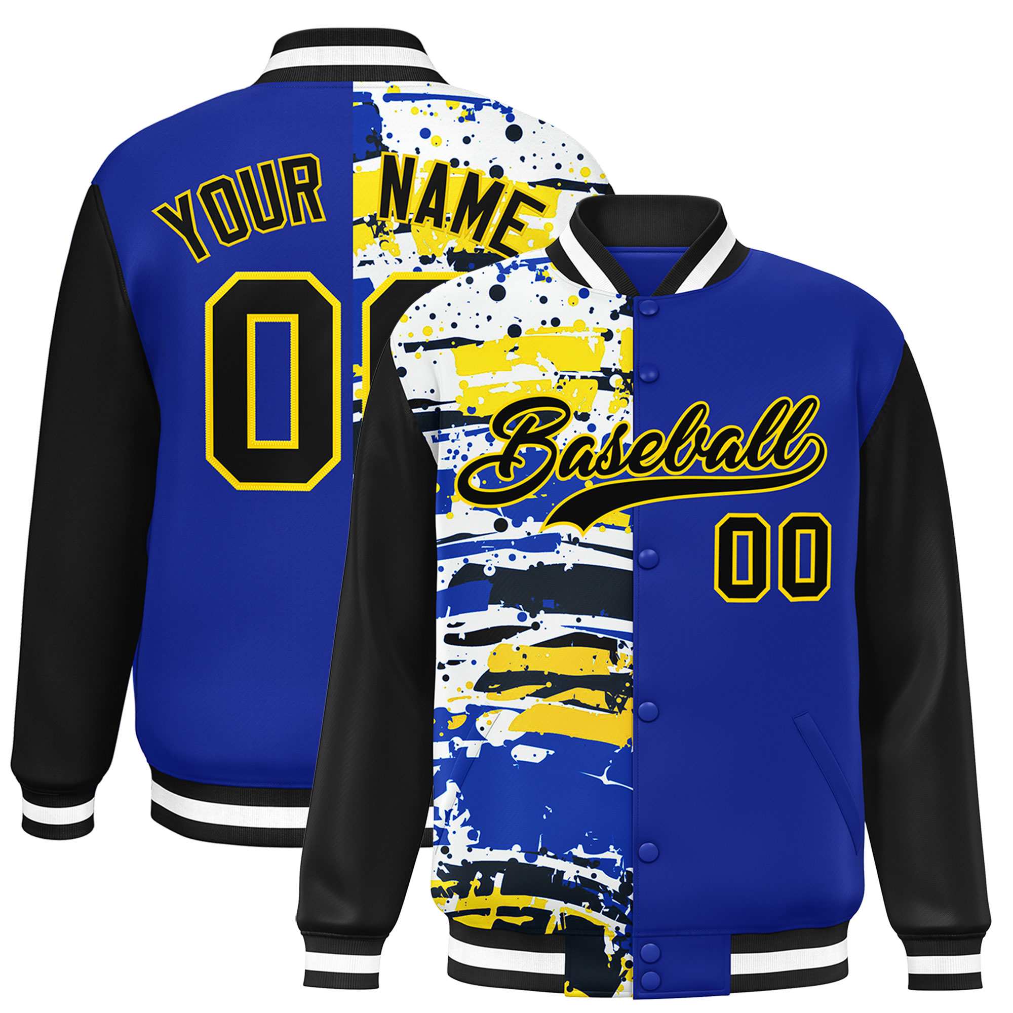 Custom Royal Black Varsity Full-Snap Graffiti Pattern Letterman Baseball Jacket