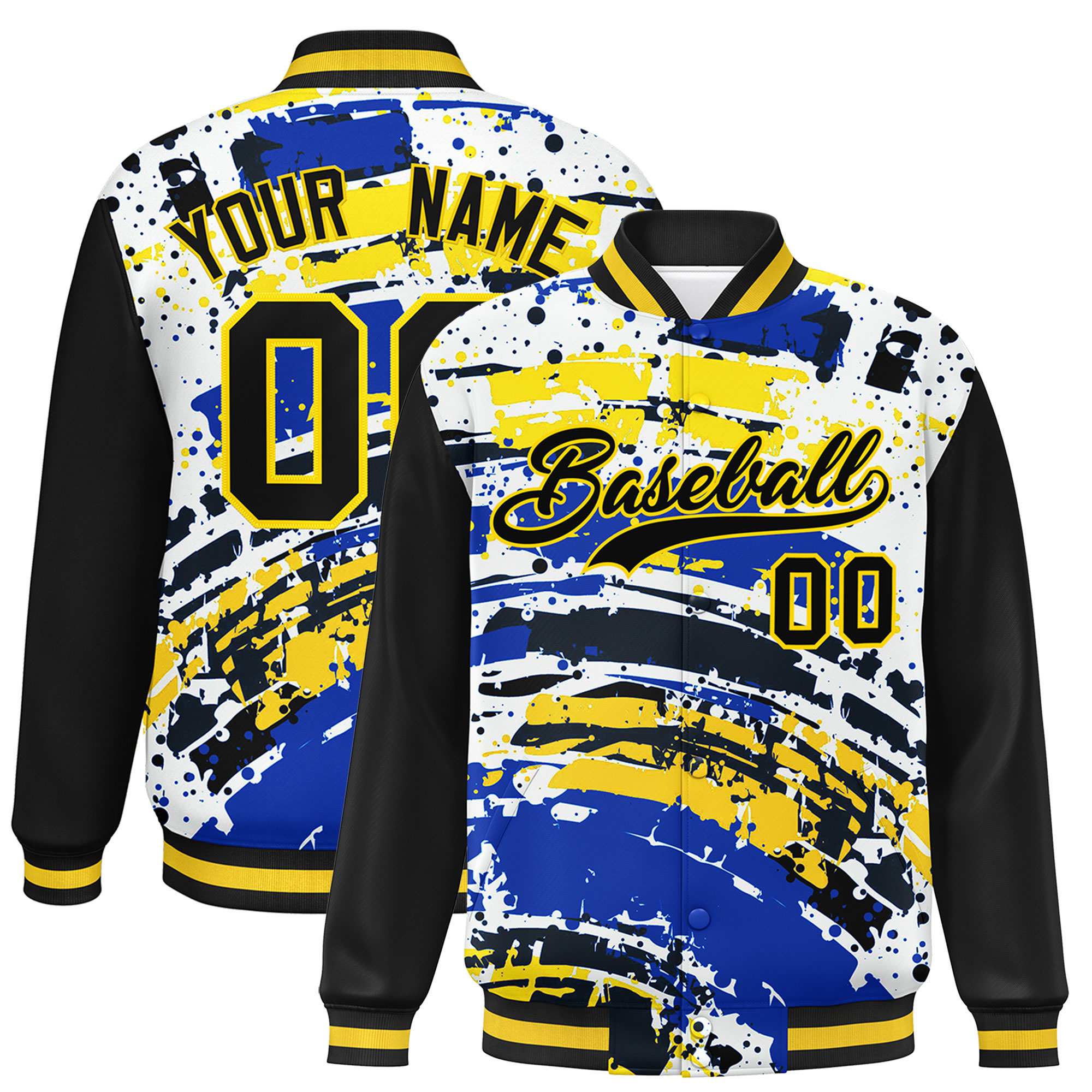 Custom Black Varsity Full-Snap Graffiti Pattern Letterman Baseball Jacket