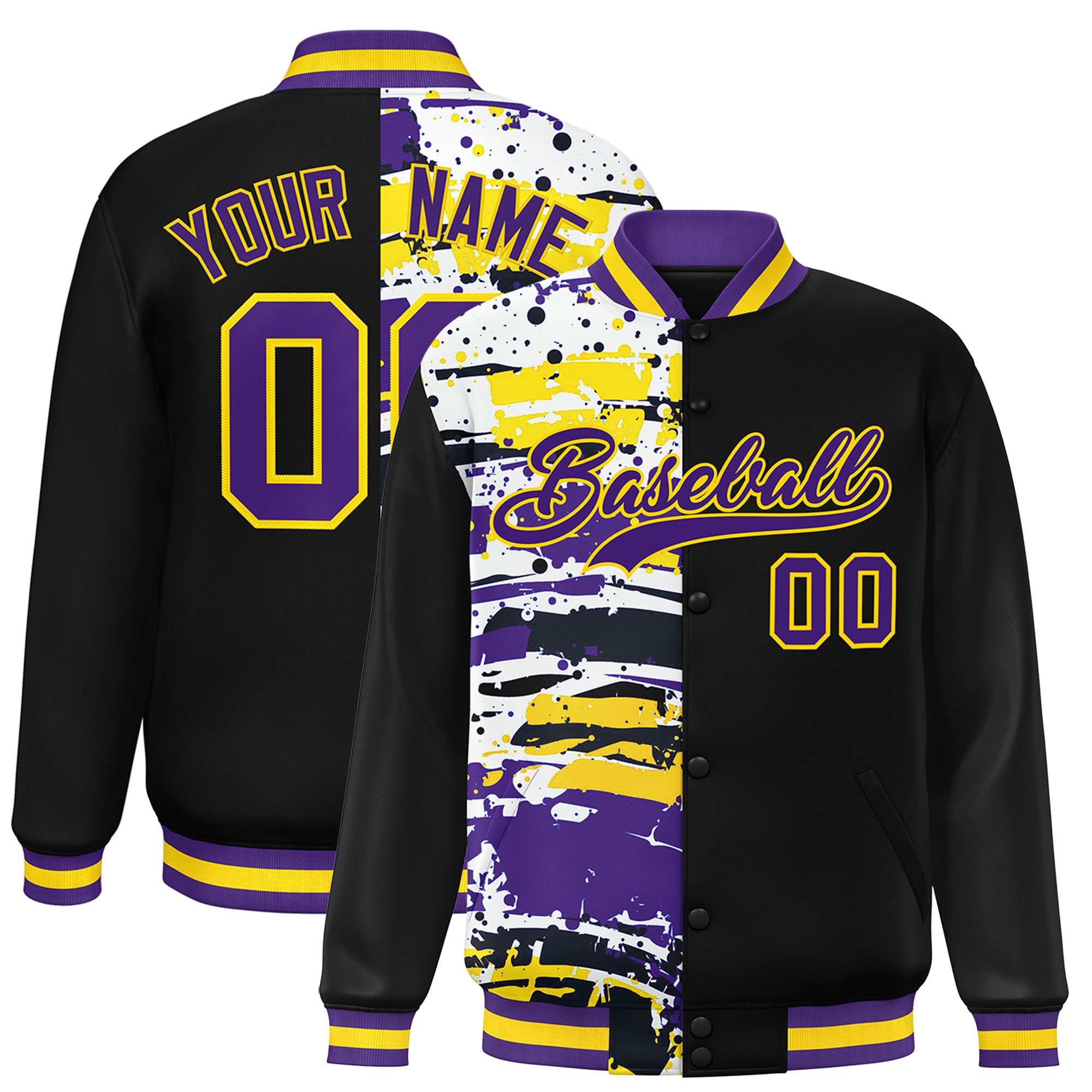 Custom Black Black Varsity Full-Snap Graffiti Pattern Letterman Baseball Jacket