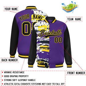 Custom Purple Black Varsity Full-Snap Graffiti Pattern Letterman Baseball Jacket