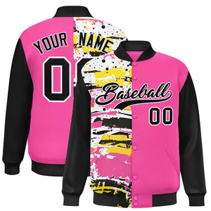 Custom Pink Black Varsity Full-Snap Graffiti Pattern Letterman Baseball Jacket