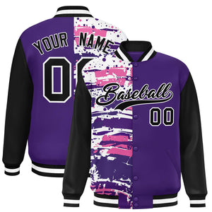 Custom Purple Black Varsity Full-Snap Graffiti Pattern Letterman Baseball Jacket