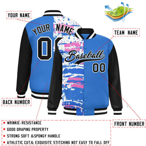 Custom Powder Blue Black Varsity Full-Snap Graffiti Pattern Letterman Baseball Jacket