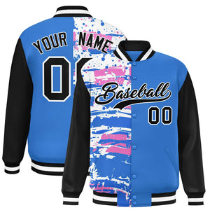 Custom Powder Blue Black Varsity Full-Snap Graffiti Pattern Letterman Baseball Jacket