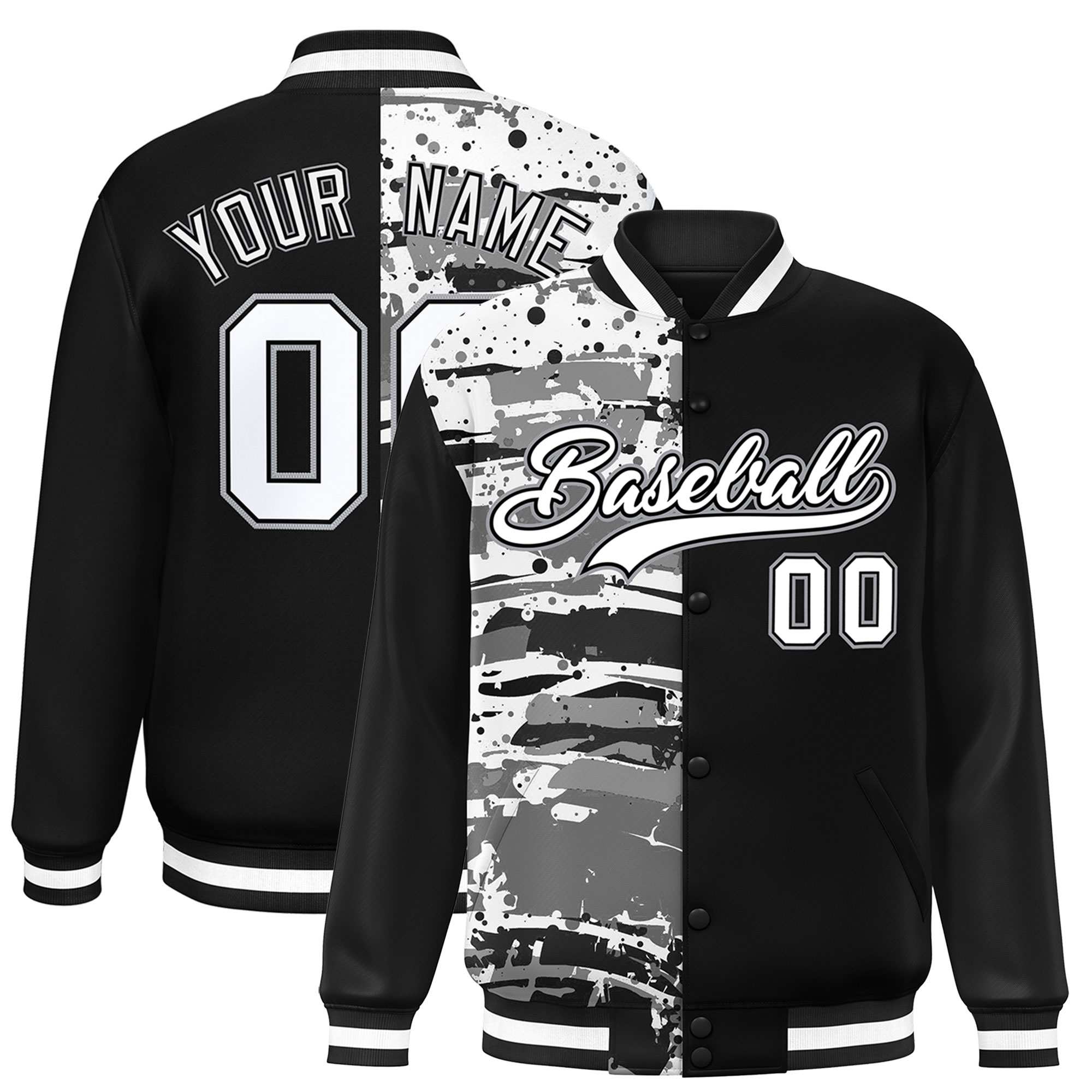 Custom Black Black Varsity Full-Snap Graffiti Pattern Letterman Baseball Jacket