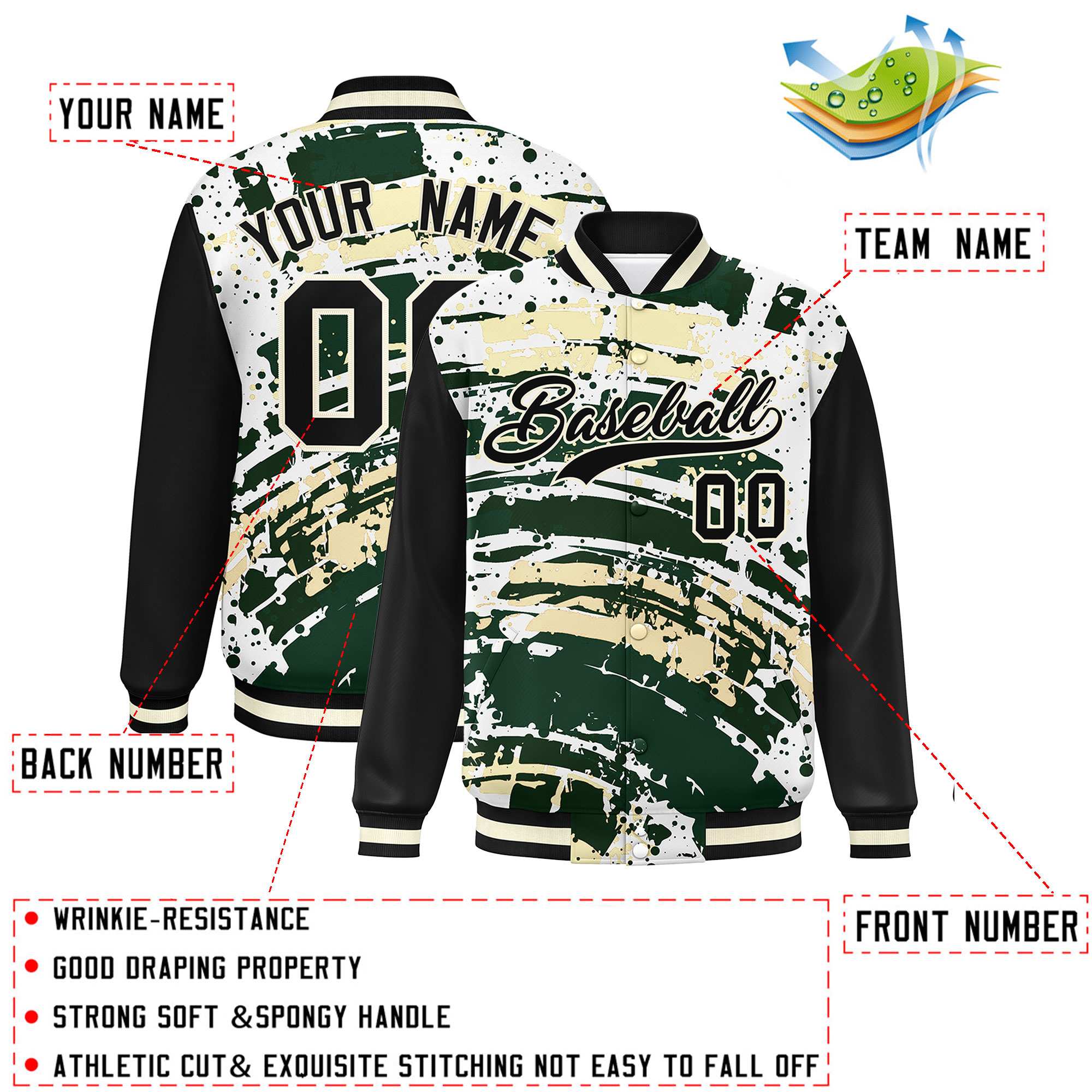 Custom Black Varsity Full-Snap Graffiti Pattern Letterman Baseball Jacket