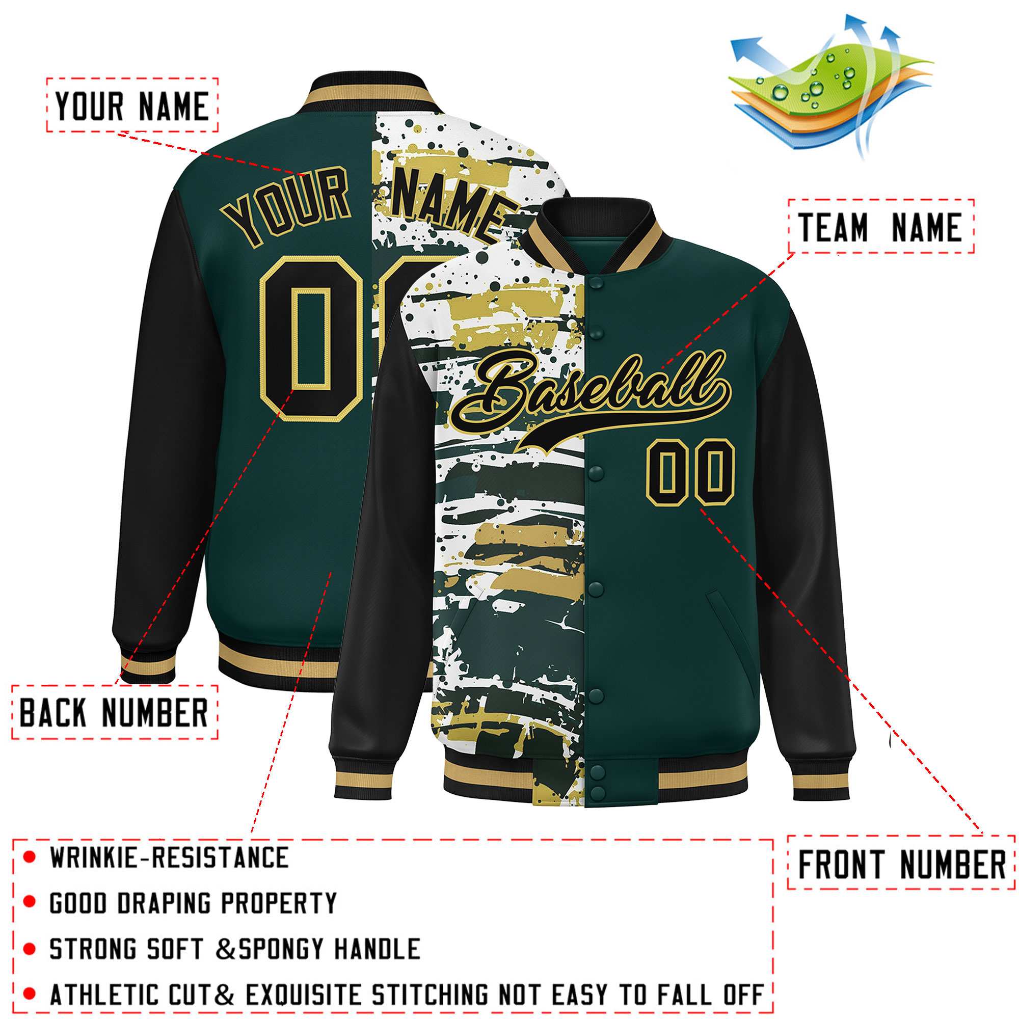 Custom Midnight Green Black Varsity Full-Snap Graffiti Pattern Letterman Baseball Jacket