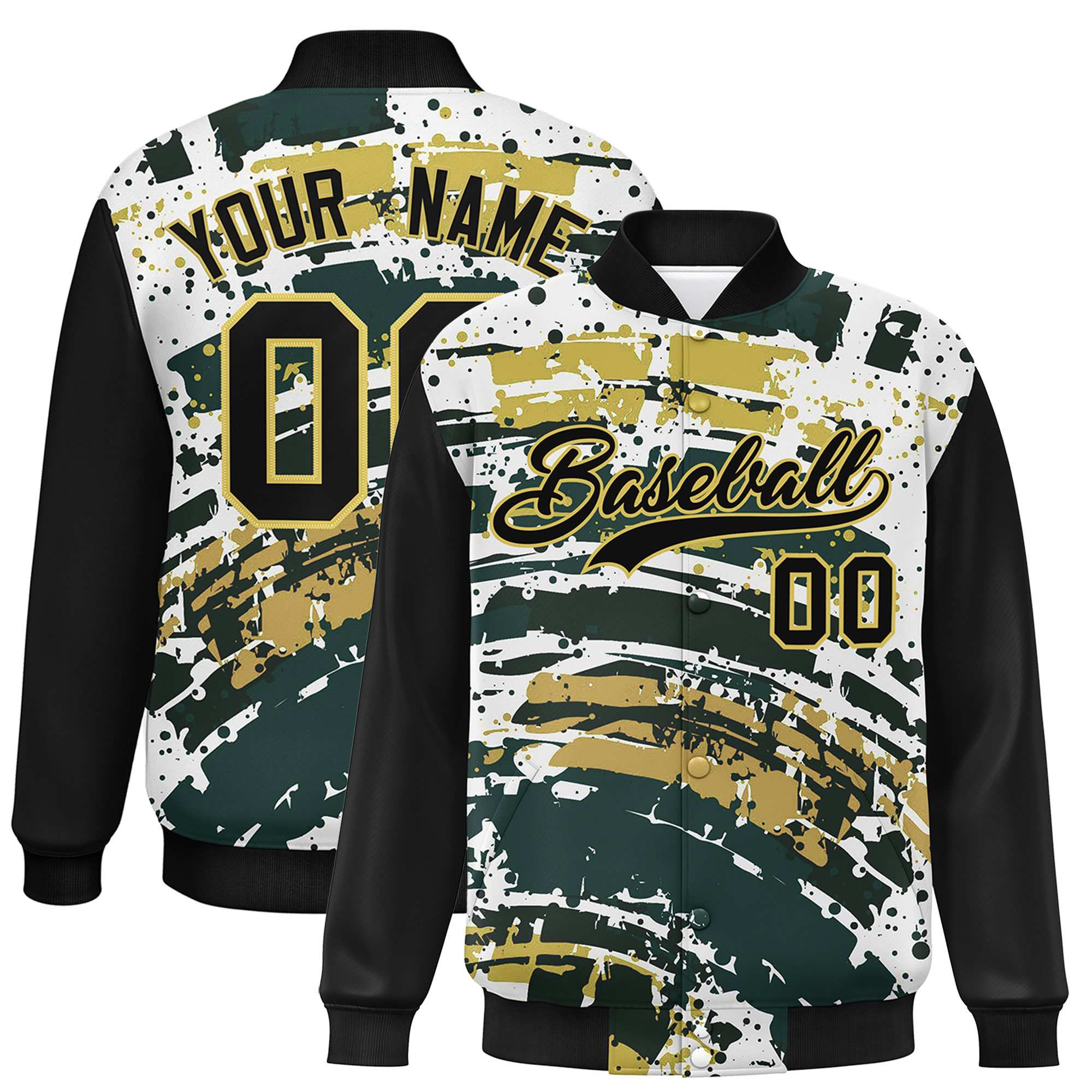 Custom Black Varsity Full-Snap Graffiti Pattern Letterman Baseball Jacket