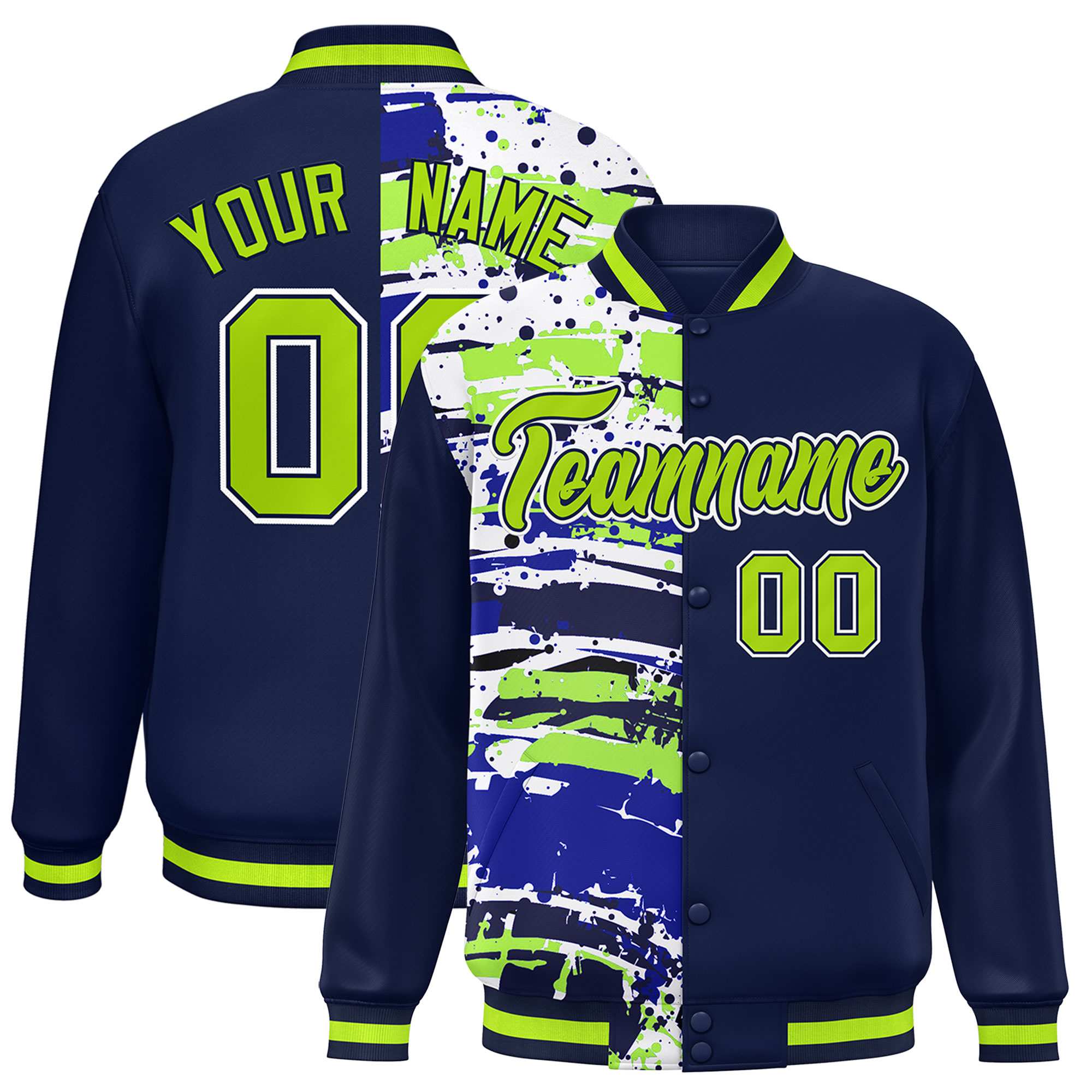 Custom Navy Navy Varsity Full-Snap Graffiti Pattern Letterman Baseball Jacket