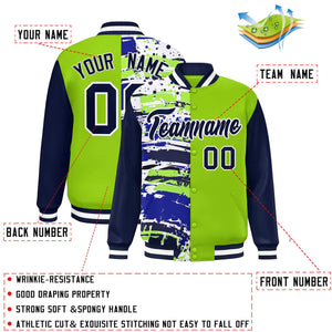 Custom Neon Green Navy Varsity Full-Snap Graffiti Pattern Letterman Baseball Jacket