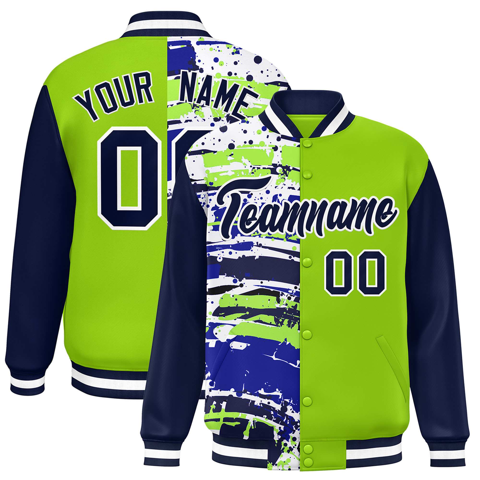 Custom Neon Green Navy Varsity Full-Snap Graffiti Pattern Letterman Baseball Jacket