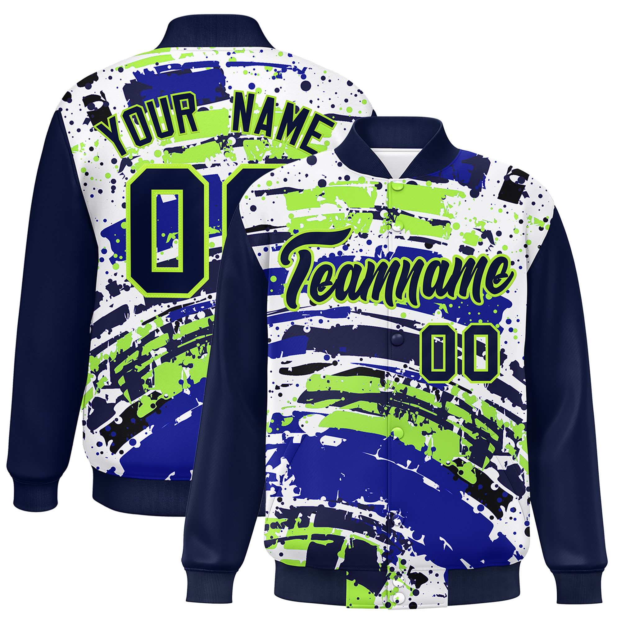 Custom Navy Varsity Full-Snap Graffiti Pattern Letterman Baseball Jacket