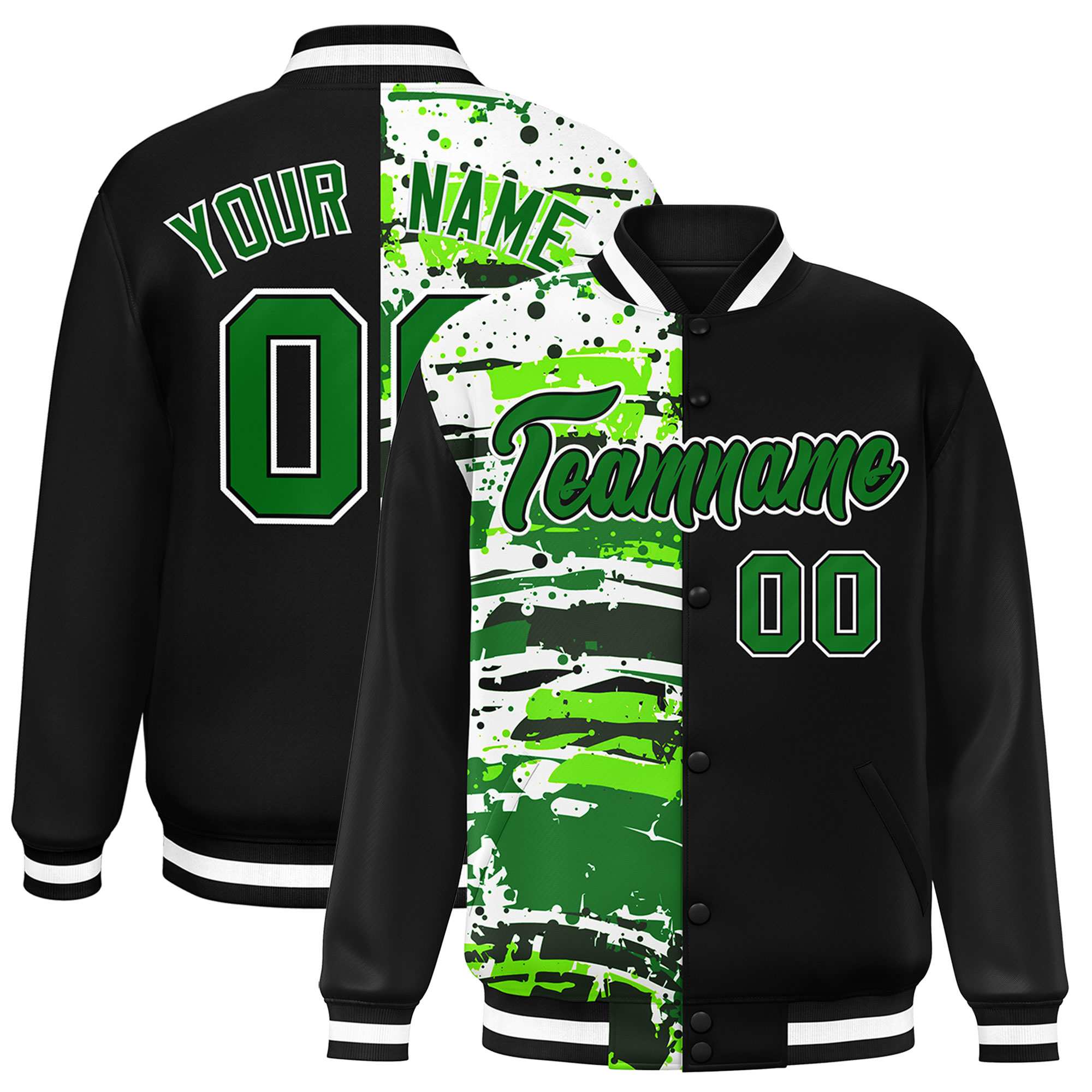 Custom Black Black Varsity Full-Snap Graffiti Pattern Letterman Baseball Jacket