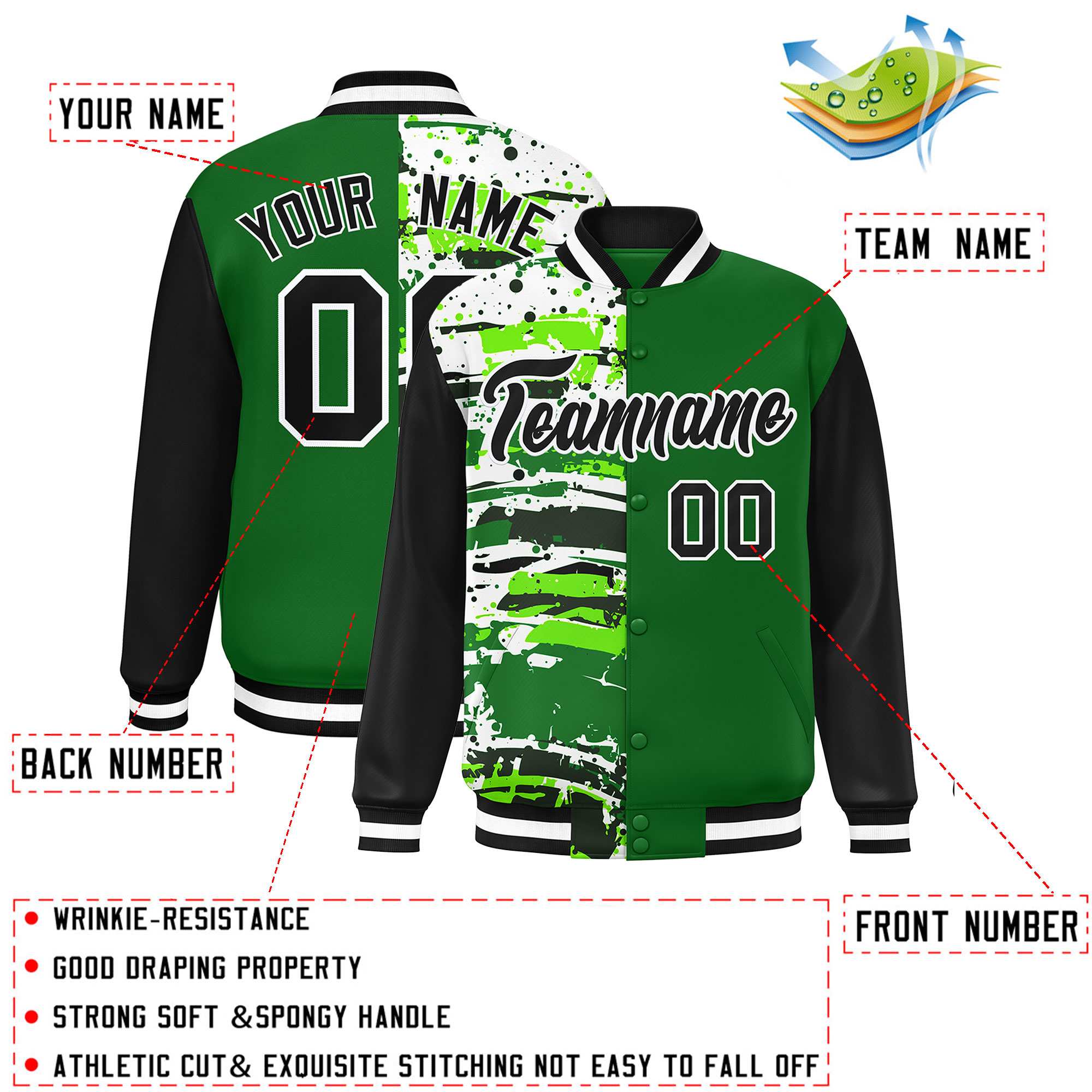 Custom Green Black Varsity Full-Snap Graffiti Pattern Letterman Baseball Jacket