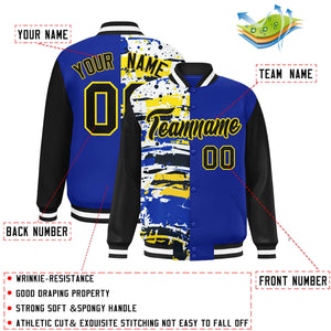 Custom Royal Black Varsity Full-Snap Graffiti Pattern Letterman Baseball Jacket