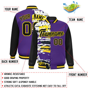 Custom Purple Black Varsity Full-Snap Graffiti Pattern Letterman Baseball Jacket