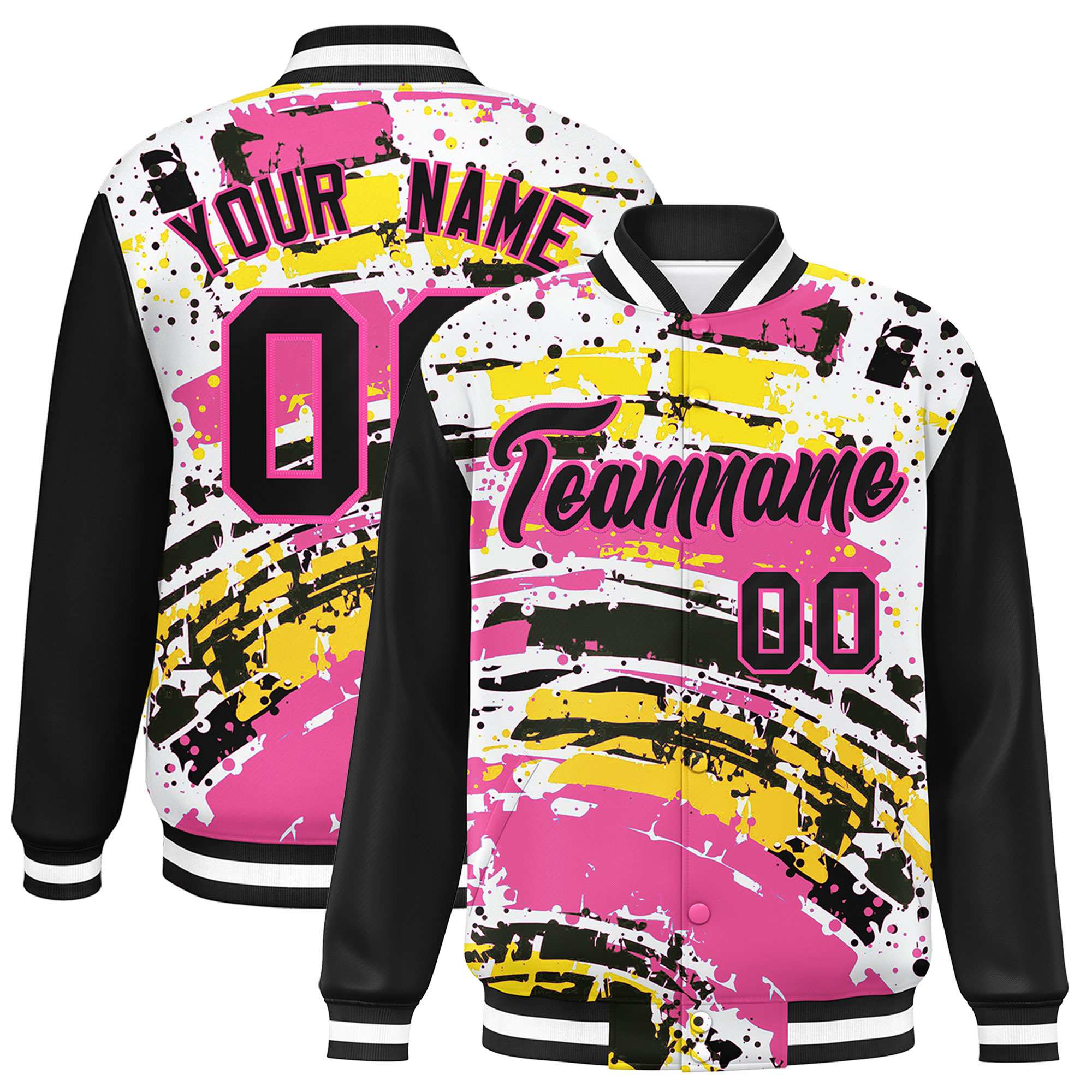 Custom Black Varsity Full-Snap Graffiti Pattern Letterman Baseball Jacket