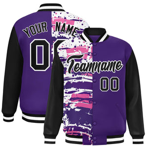 Custom Purple Black Varsity Full-Snap Graffiti Pattern Letterman Baseball Jacket