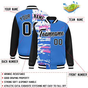 Custom Powder Blue Black Varsity Full-Snap Graffiti Pattern Letterman Baseball Jacket