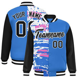 Custom Powder Blue Black Varsity Full-Snap Graffiti Pattern Letterman Baseball Jacket