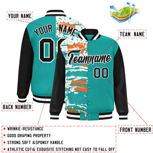 Custom Aqua Black Varsity Full-Snap Graffiti Pattern Letterman Baseball Jacket