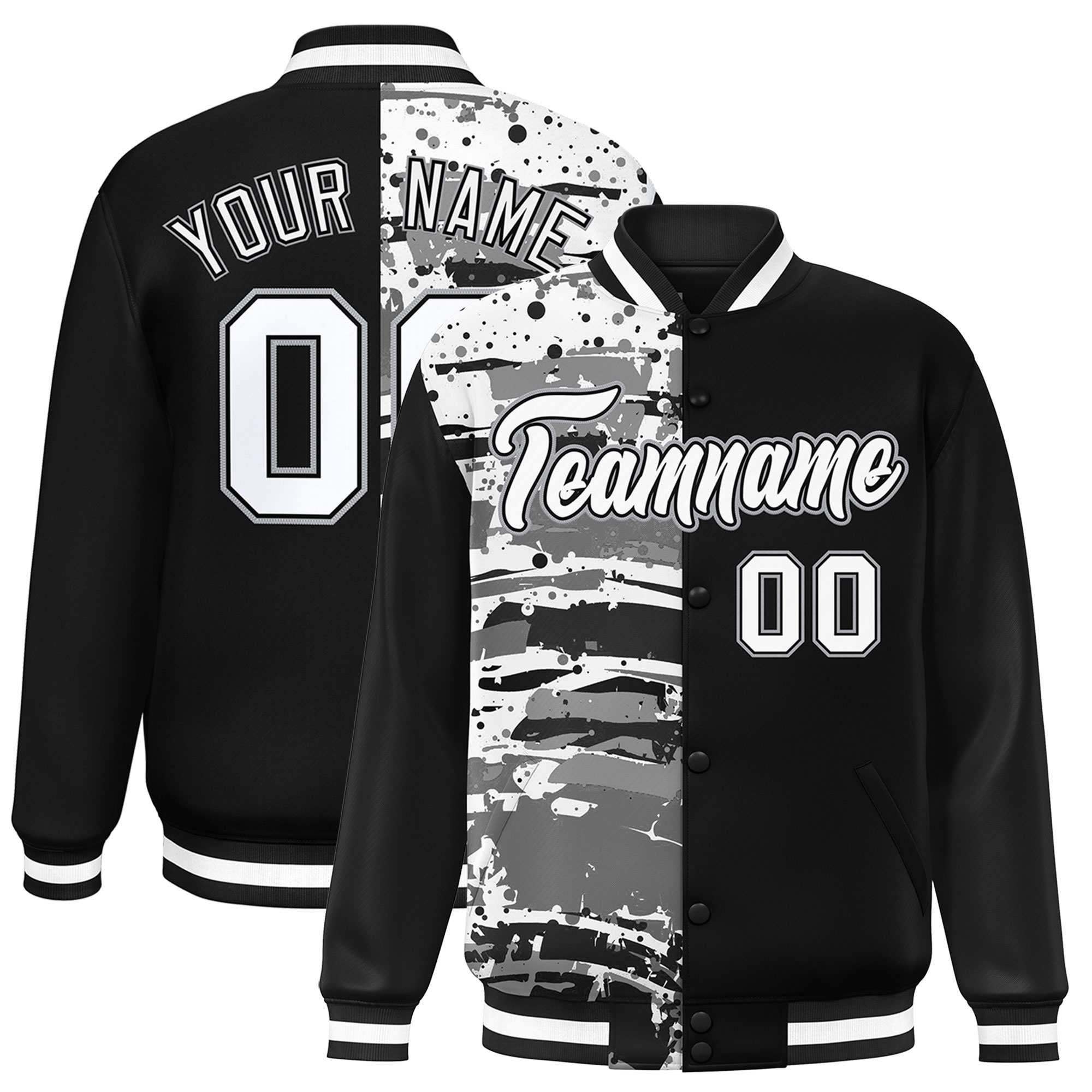 Custom Black Black Varsity Full-Snap Graffiti Pattern Letterman Baseball Jacket