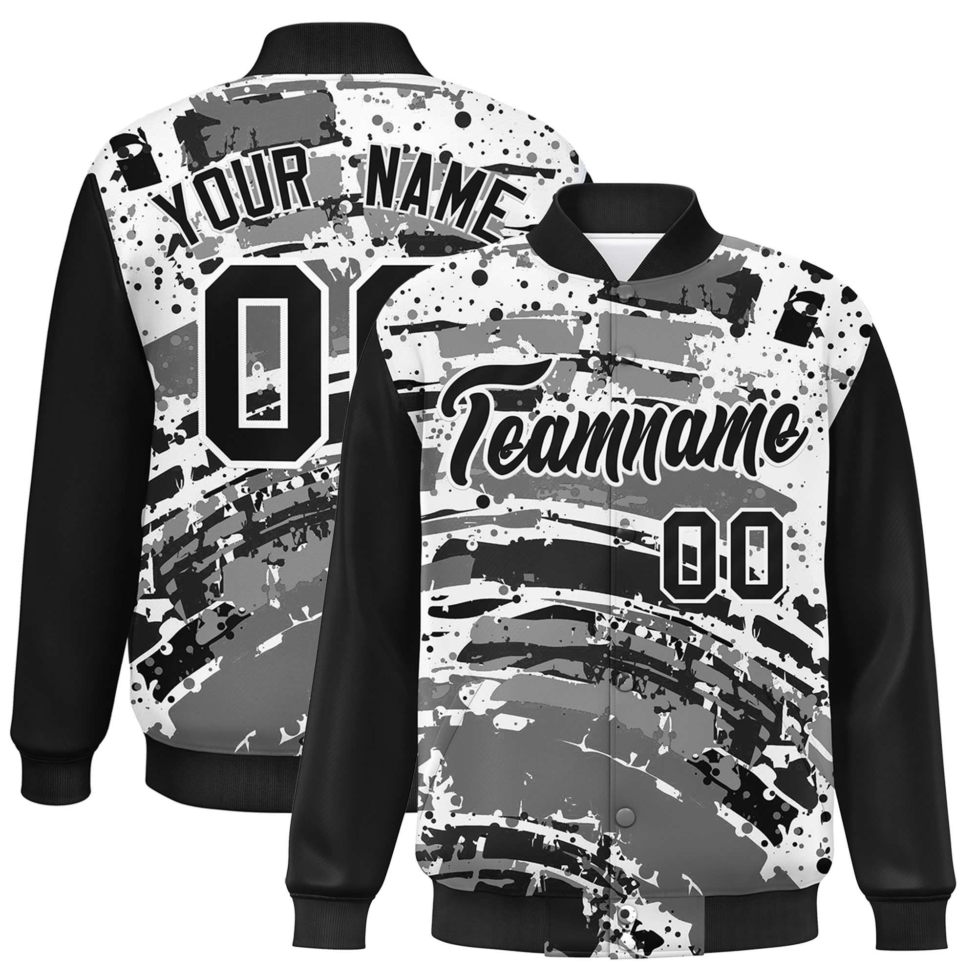 Custom Black Varsity Full-Snap Graffiti Pattern Letterman Baseball Jacket