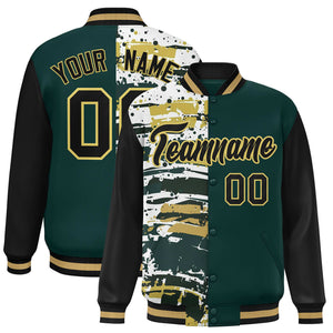 Custom Midnight Green Black Varsity Full-Snap Graffiti Pattern Letterman Baseball Jacket