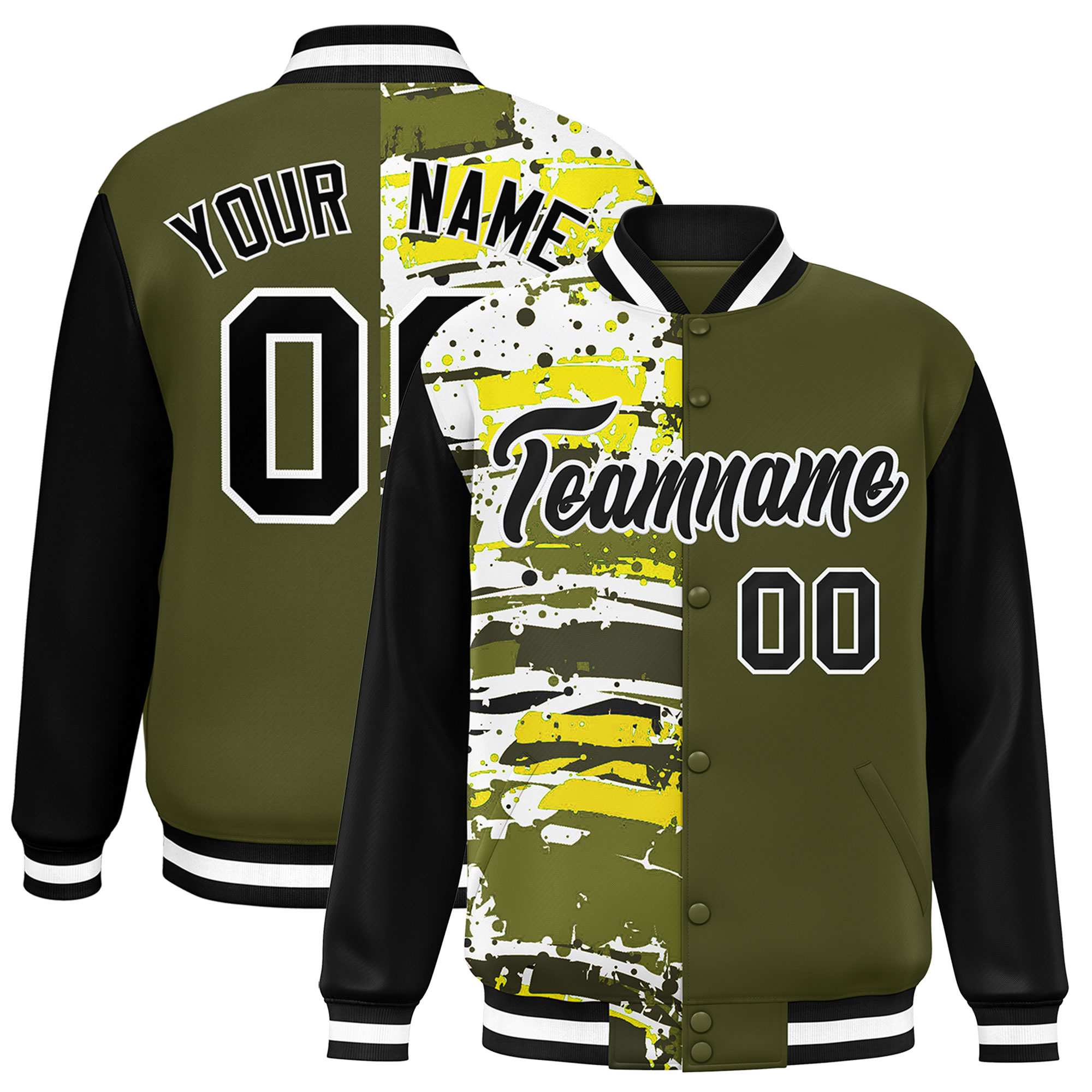 Custom Olive Black Varsity Full-Snap Graffiti Pattern Letterman Baseball Jacket