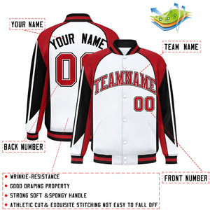 Custom White Red Varsity Full-Snap Personalized Raglan Sleeves Color Block Letterman Jacket