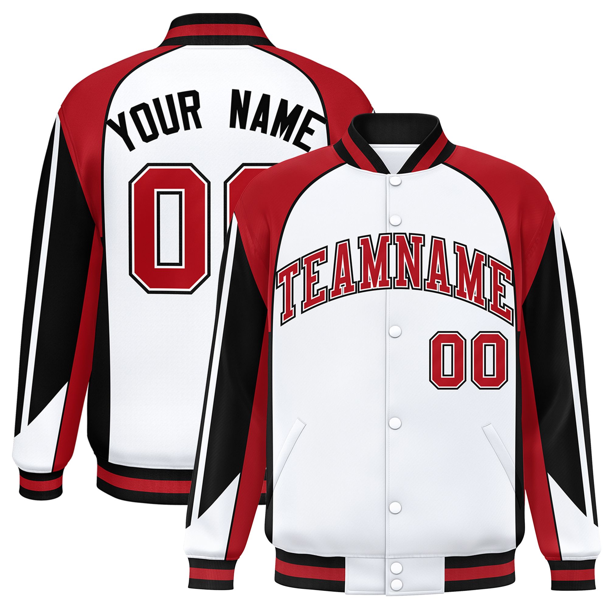 Custom White Red Varsity Full-Snap Personalized Raglan Sleeves Color Block Letterman Jacket