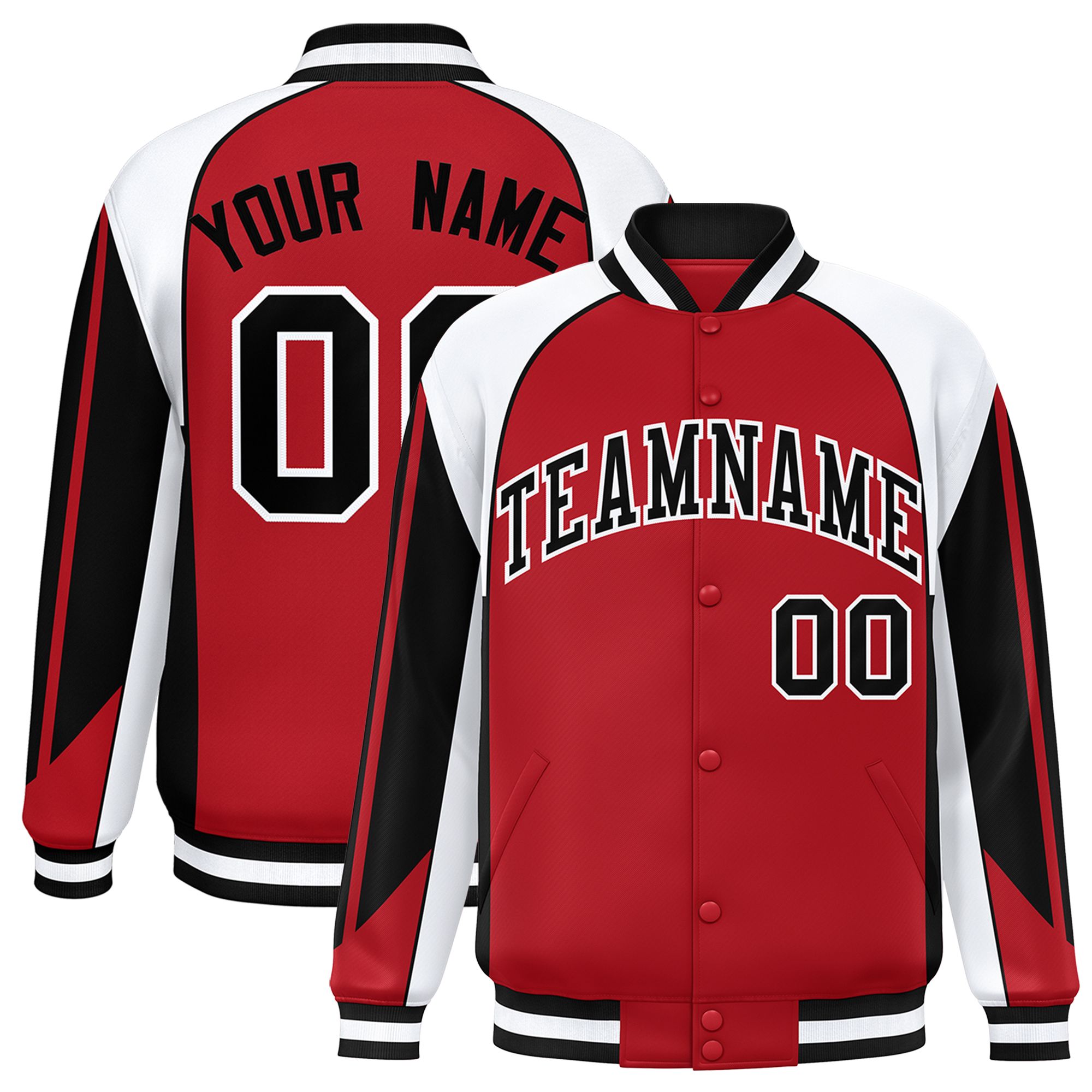 Custom Red White Varsity Full-Snap Personalized Raglan Sleeves Color Block Letterman Jacket