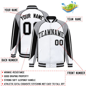 Custom White Gray Varsity Full-Snap Personalized Raglan Sleeves Color Block Letterman Jacket