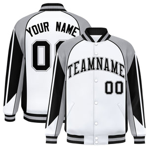 Custom White Gray Varsity Full-Snap Personalized Raglan Sleeves Color Block Letterman Jacket