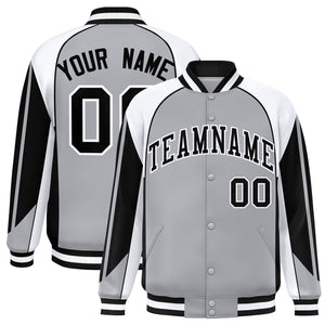 Custom Gray White Varsity Full-Snap Personalized Raglan Sleeves Color Block Letterman Jacket