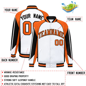 Custom White Orange Varsity Full-Snap Personalized Raglan Sleeves Color Block Letterman Jacket