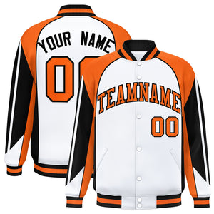 Custom White Orange Varsity Full-Snap Personalized Raglan Sleeves Color Block Letterman Jacket