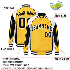 Custom Gold White Varsity Full-Snap Personalized Raglan Sleeves Color Block Letterman Jacket