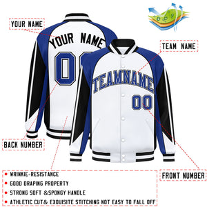 Custom White Royal Varsity Full-Snap Personalized Raglan Sleeves Color Block Letterman Jacket