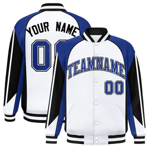 Custom White Royal Varsity Full-Snap Personalized Raglan Sleeves Color Block Letterman Jacket