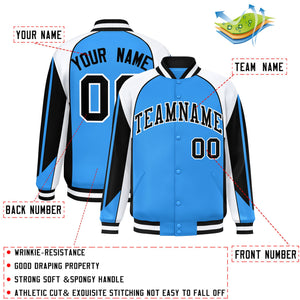 Custom Powder Blue White Varsity Full-Snap Personalized Raglan Sleeves Color Block Letterman Jacket