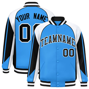 Custom Powder Blue White Varsity Full-Snap Personalized Raglan Sleeves Color Block Letterman Jacket